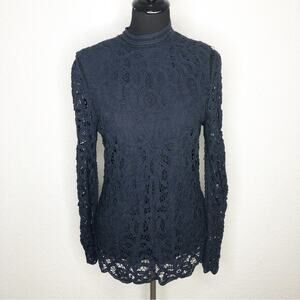 J McLaughlin Yvoire navy blue lace eyelet overlay long sleeve top size Small NWT